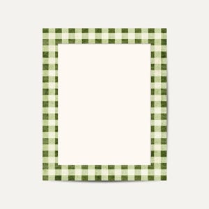 May include: A rectangular frame with a green and white checkered pattern border. The frame has a cream-colored interior, creating a contrast with the textured, gingham-style border. The design is simple and evokes a rustic aesthetic.