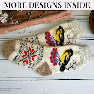 8-9 Hand Knitted Colorful Wool Socks, Cozy Winter & Fall Socks, Vintage Nordic Design, Hiking Boot Socks, Warm House Socks, Christmas Socks