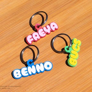 May include: Three colorful keychains with names: "FREYA" in pink, "BENNO" in blue, and "BUCS" in green and yellow. Each keychain has a silver ring. The keychains are on a wooden surface.