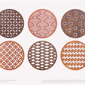 May include: Six round wooden coasters with different laser-cut designs. The coasters feature geometric patterns, including waves, flowers, and circles. The coasters are made of dark brown and light brown wood.