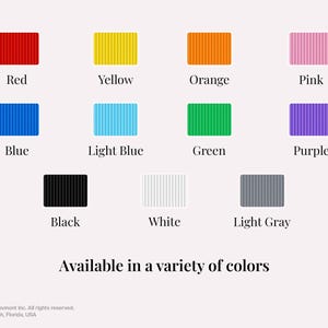 May include: A color chart featuring twelve rectangular blocks in various colors, including red, yellow, orange, pink, blue, light blue, green, purple, black, white, and light gray. The text "Available in a variety of colors" is displayed below.