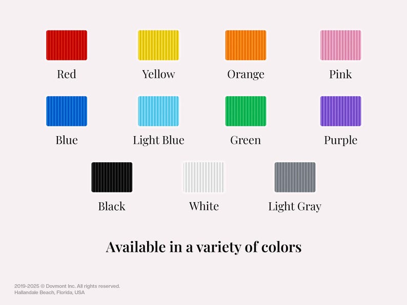 May include: A color chart featuring twelve rectangular blocks in various colors, including red, yellow, orange, pink, blue, light blue, green, purple, black, white, and light gray. The text "Available in a variety of colors" is displayed below.