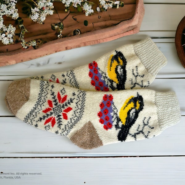 Warm Hand Knitted Wool Socks 8-9 M-Size Winter House Socks Natural Soft Yarn Colorful Cute Handmade Nordic Vintage Socks