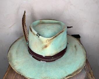 Fedora Wool Felt Hat - "Say When" - Western - Distressed Burnt Cowboy Boho Antique Festival