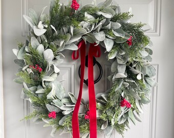 Lambs Ear and Cedar Winter Wreath, Red Berry Red Velvet Bow Christmas Wreath, Holiday Red Berries Evergreen on Lambs Ear Front Door Wreath