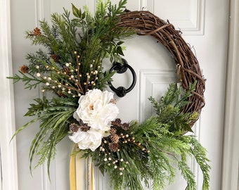 Gold and White Winter Wreath, Peony Wreath, neutral wreath, Gold berries Evergreen wreath, gold ribbon, Elegant Wreath, Christmas Wreath