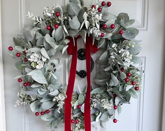 Lambs Ear and Snowy Eucalyptus Winter Wreath with Red Berries Red Velvet Bow, Front Door Christmas Wreath Sparkly Eucalyptus