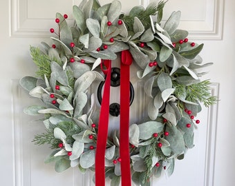 Lambs Ear and Pine Winter Wreath Red Berries Red Velvet Bow, Christmas Wreath Red Berries on Lambs Ear, Natural look Front Door Wreath