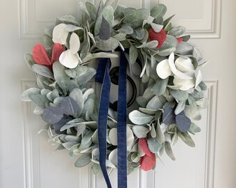 Patriotic Lambs Ear Wreath for Front Door with Blue Ribbon Bow, Red White and Blue Eucalyptus, Fourth of July, Memorial Day, Veteran's Day