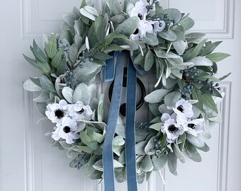 Lambs Ear and White Anemone Eucalyptus Everyday Front Door Wreath with Blue Berries and Blue Velvet Ribbon, Blue Wall Decor, Elegant Wreath