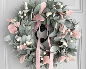 Lambs Ear Valentine Heart Wreath, Pink Eucalyptus, Mini Felt Hearts, White Berries, and Pink Velvet Bow, Front Door Wreath, Pink Decor