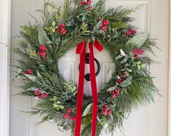 Pine Cedar and Fir Wreath with Red Berries and Red Velvet Bow, Christmas Wreath, Lush Faux Evergreen and Icy Pine Winter Wreath