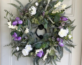 Purple Tulip and Blossoms on Year Round Seeded Eucalyptus Wreath for Front Door, Every Day Wreath, Modern Farmhouse Wall Decor, Housewarming