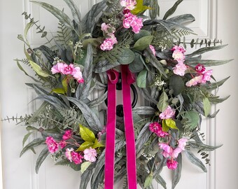 Pink Cherry Blossom on Year Round Seeded Eucalyptus Wreath for Front Door, Every Day Wreath, Modern Farmhouse Wall Decor, Housewarming