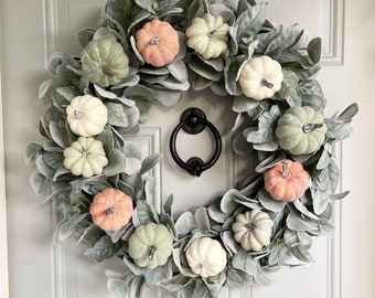 Lambs Ear Pumpkin Fall Front Door Wreath, Orange White Green Pumpkin Wreath,  Farmhouse Wreath, Neutral Fall Decor, Simple Fall Wreath, Cozy