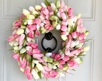 Pink, White, and Green Tulip Spring Wreath, Tulip Wreath, Easter Wreath, Spring Decor, Pink Decor, Front Door Wreath, Mother's Day Gift