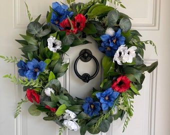 Floral Patriotic Wreath for Front Door, Red White and Blue Wreath, Fourth of July Wreath, Memorial Day Wreath, Veteran's Day Wreath