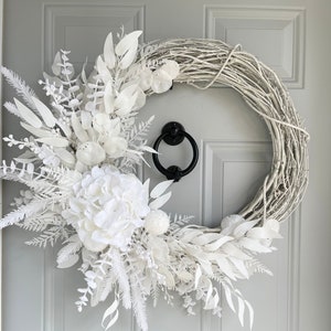 White Winter Wreath with Snowy Hydrangea and White Eucalyptus, All White Flocked Wreath for Front Door, Monochromatic Christmas Wall Decor image 1