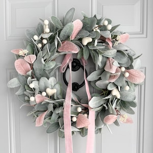 Lambs Ear Valentine Heart Wreath, Pink Eucalyptus, Mini Felt Hearts, White Berries, and Pink Velvet Bow, Faux Front Door Wreath, Pink Decor