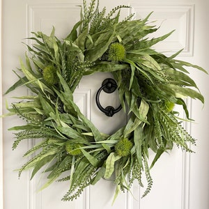 Year Round Eucalyptus Wreath, Seeded Eucalyptus Ferns and Pom Poms Wreath for Front Door, Every Day Greenery Wreath, Farmhouse Wall Decor