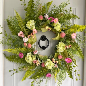 Summer Fern Peaches Hydrangeas Poppies Wreath with Pink Berries, Pink and Lime Green Front Door Wreath, Handmade Gift, Fruit Wreath