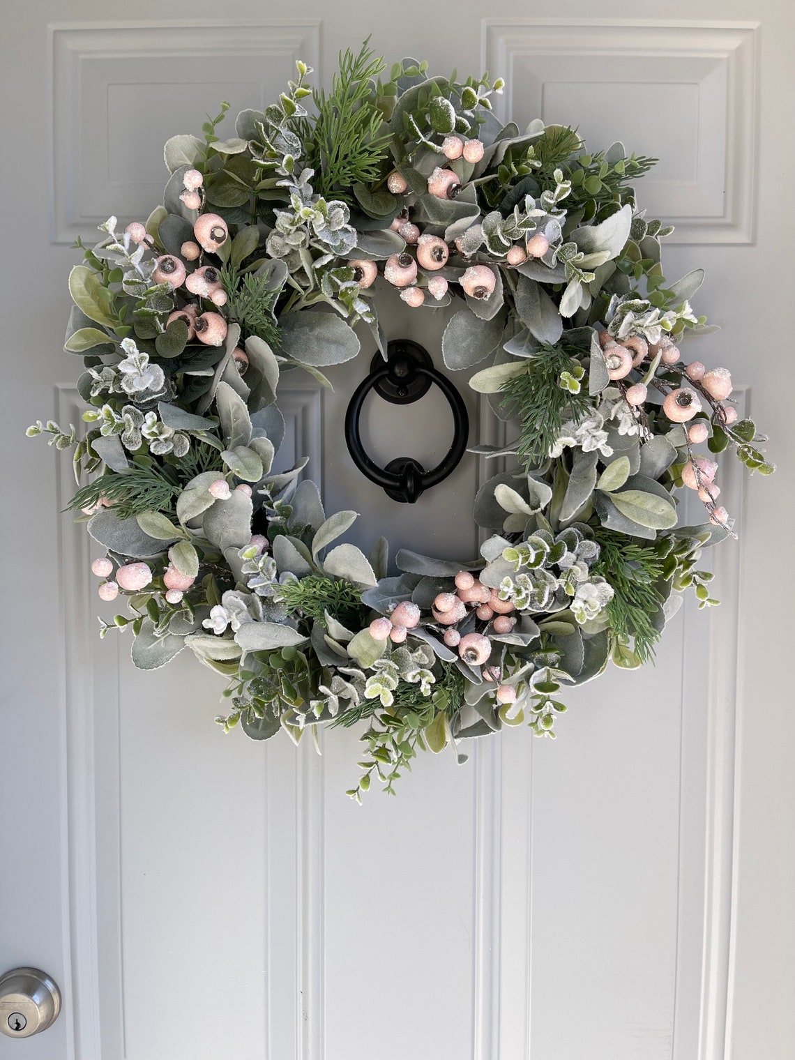 Lambs Ear and Pink Winter Wreath, Christmas Holiday Wreath With Frosted ...