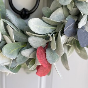 Patriotic Lambs Ear Wreath for Front Door with Blue Ribbon Bow, Red White and Blue Eucalyptus, Fourth of July, Memorial Day, Veteran's Day image 5