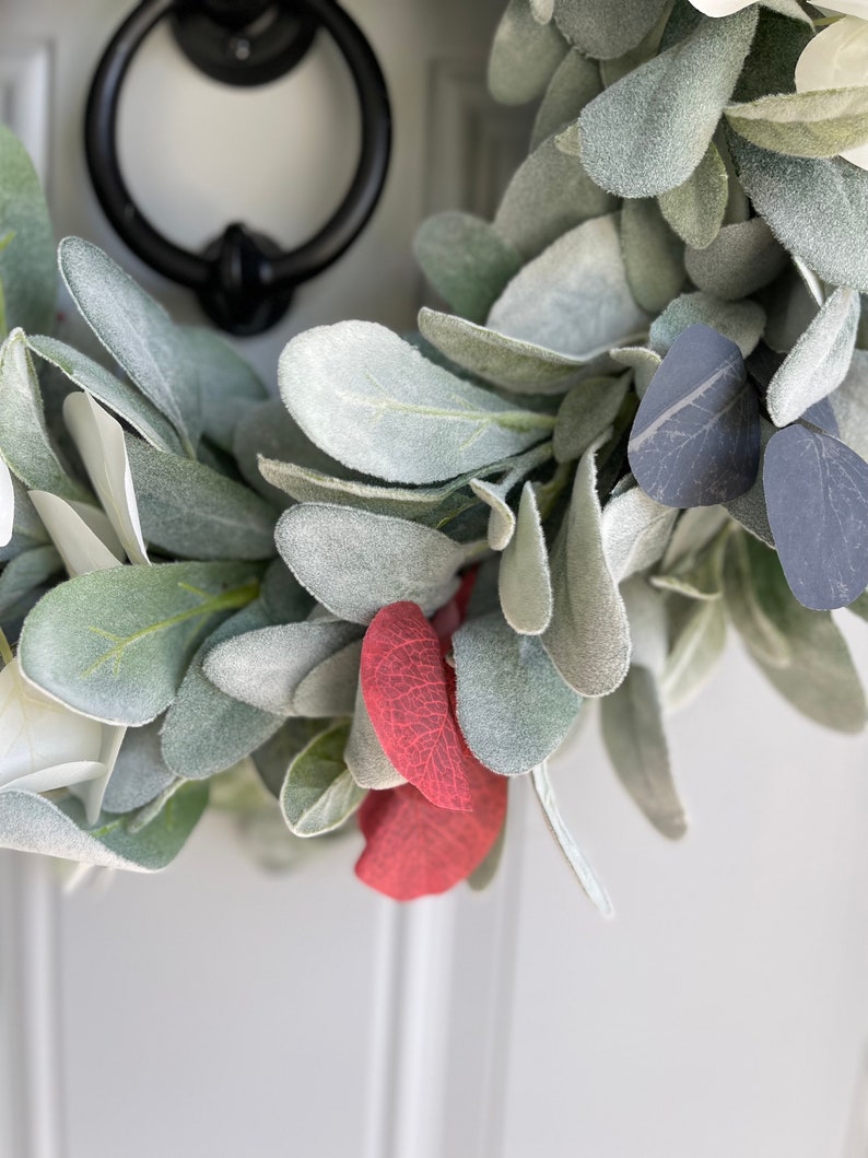 Patriotic Lambs Ear Wreath for Front Door with Blue Ribbon Bow, Red White and Blue Eucalyptus, Fourth of July, Memorial Day, Veteran's Day image 5