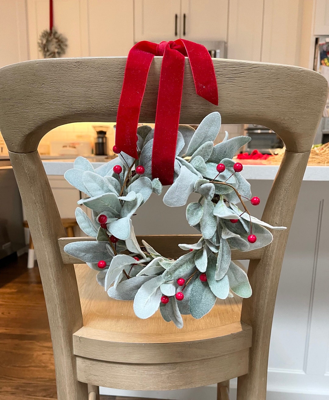 Christmas Lambs Ear Mini Wreath With Red Velvet Bow, Holiday Cabinet ...