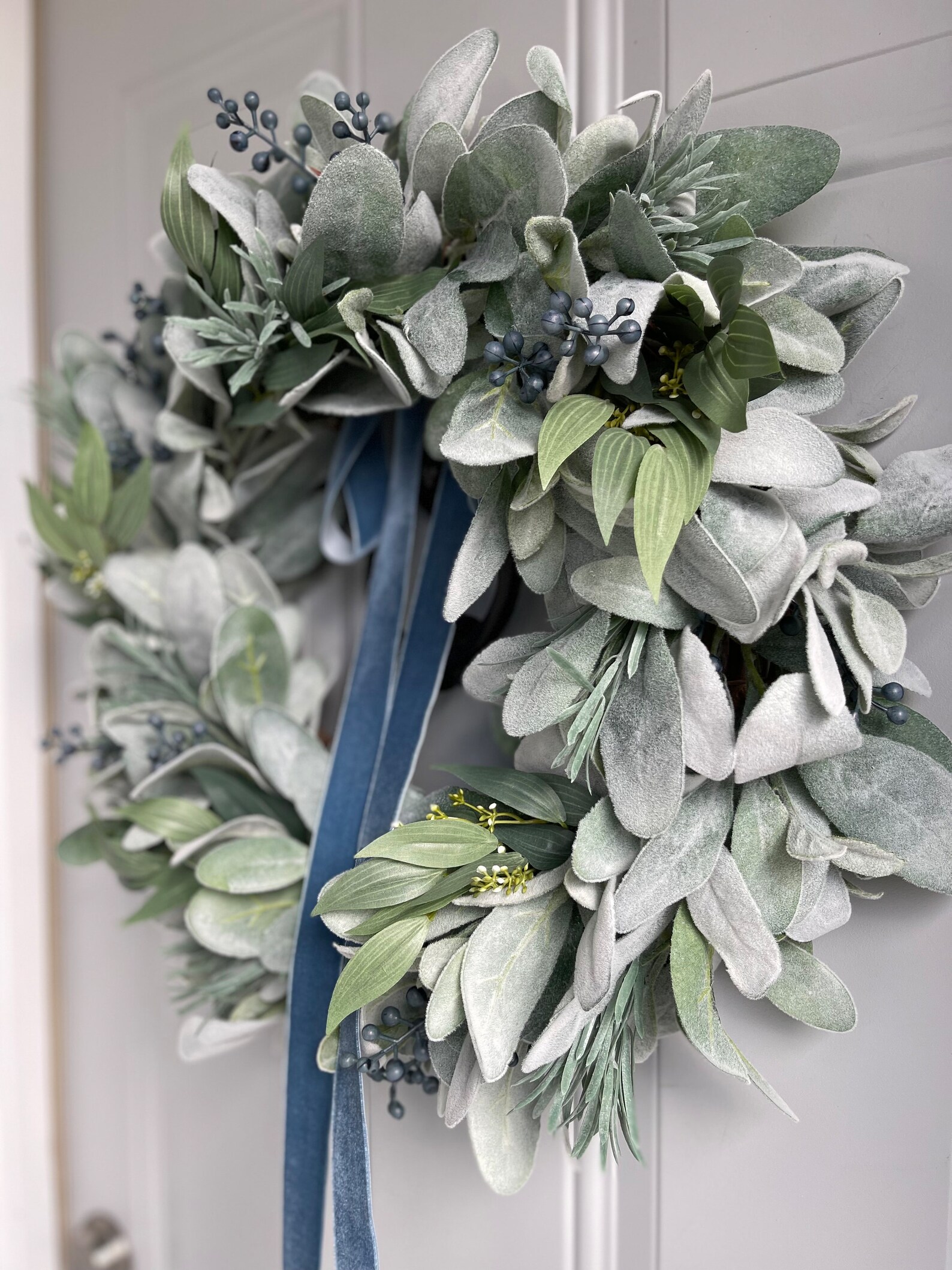 Lambs Ear and Eucalyptus Everyday Front Door Wreath With Blue Berries ...