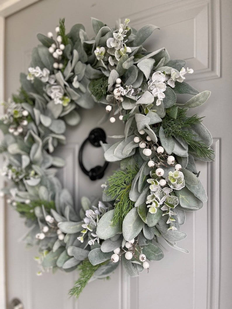 Lambs Ear and Snowy Eucalyptus Winter Wreath With Pine Cedar Evergreen ...