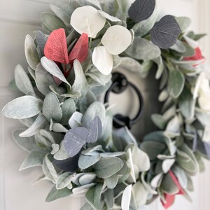 Patriotic Lambs Ear Wreath for Front Door with Blue Ribbon Bow, Red White and Blue Eucalyptus, Fourth of July, Memorial Day, Veteran's Day image 3