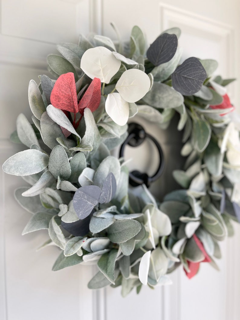 Patriotic Lambs Ear Wreath for Front Door with Blue Ribbon Bow, Red White and Blue Eucalyptus, Fourth of July, Memorial Day, Veteran's Day image 3