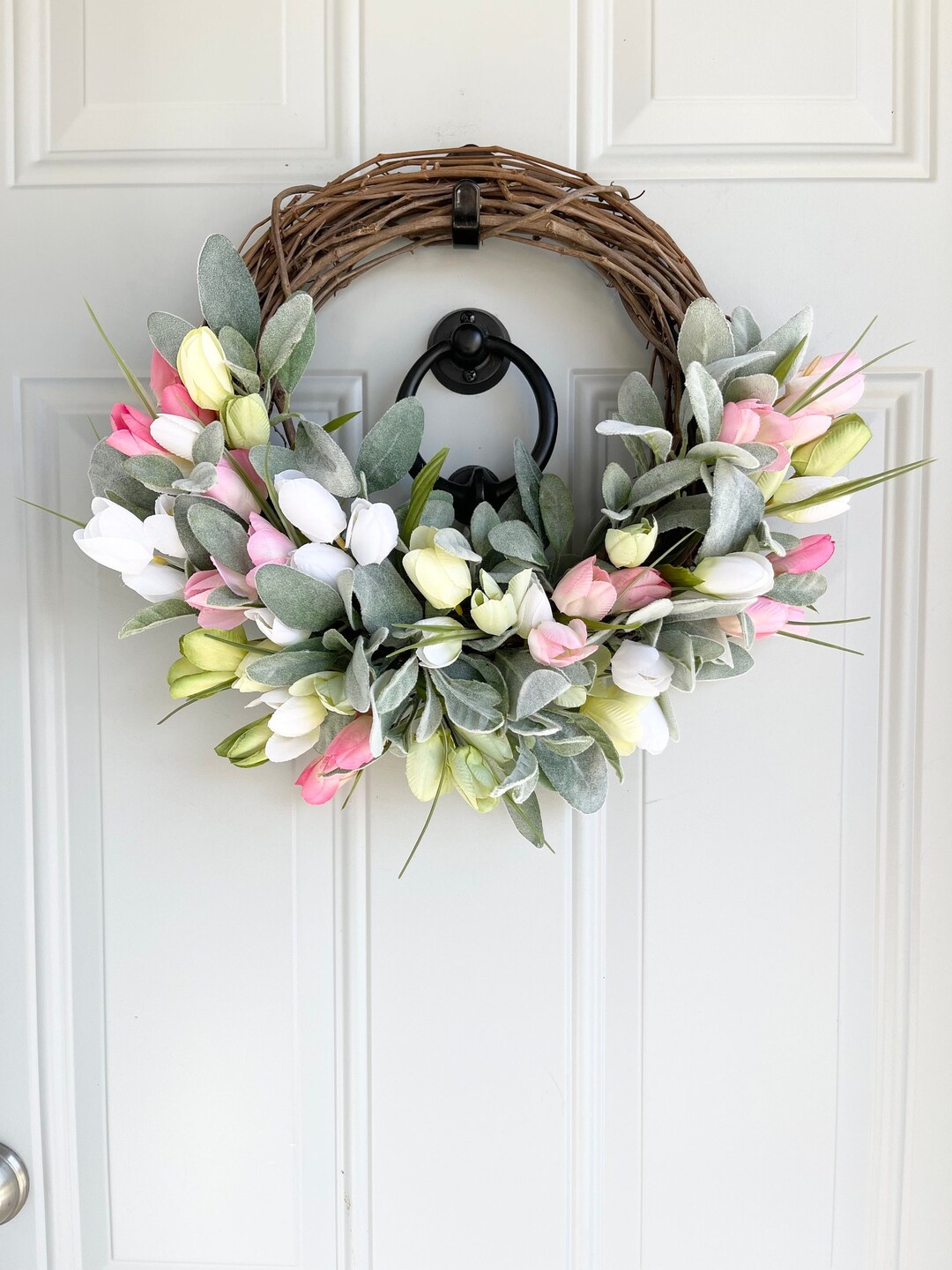 Tulip and Lambs Ear Spring Wreath for Front Door, Pastel Tulip Wreath ...