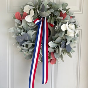 Patriotic Lambs Ear Wreath for Front Door with Blue Ribbon Bow, Red White and Blue Eucalyptus, Fourth of July, Memorial Day, Veteran's Day image 8