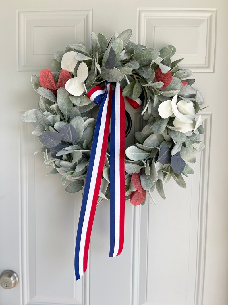 Patriotic Lambs Ear Wreath for Front Door with Blue Ribbon Bow, Red White and Blue Eucalyptus, Fourth of July, Memorial Day, Veteran's Day image 8