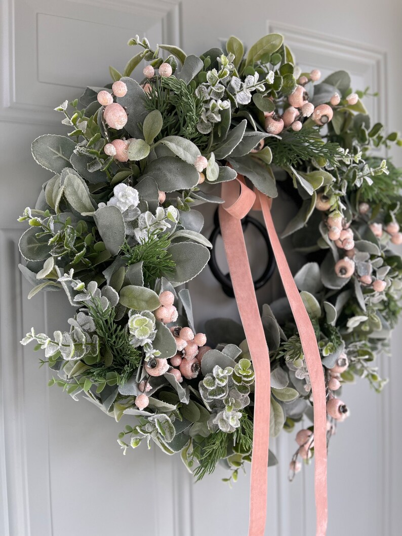 Lambs Ear and Pink Winter Wreath, Christmas Holiday Wreath With Frosted ...
