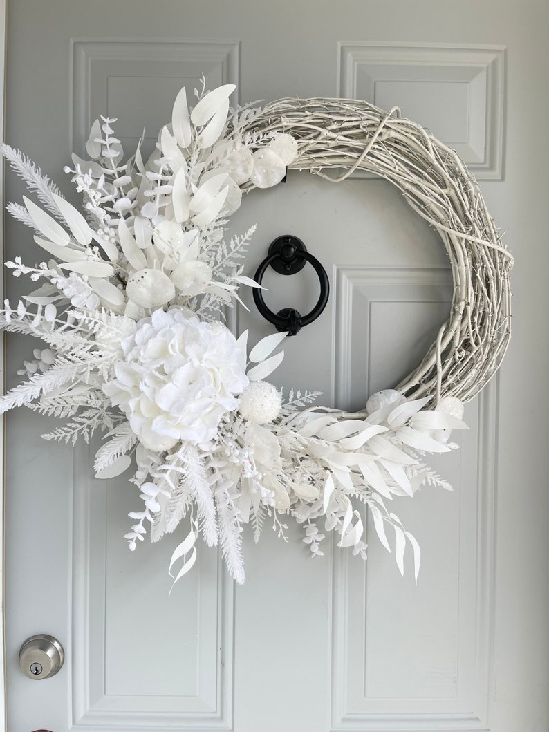 White Winter Wreath with Snowy Hydrangea and White Eucalyptus, All White Flocked Wreath for Front Door, Monochromatic Christmas Wall Decor image 1