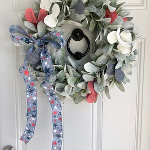Patriotic Lambs Ear Wreath for Front Door with Blue Ribbon Bow, Red White and Blue Eucalyptus, Fourth of July, Memorial Day, Veteran's Day image 7