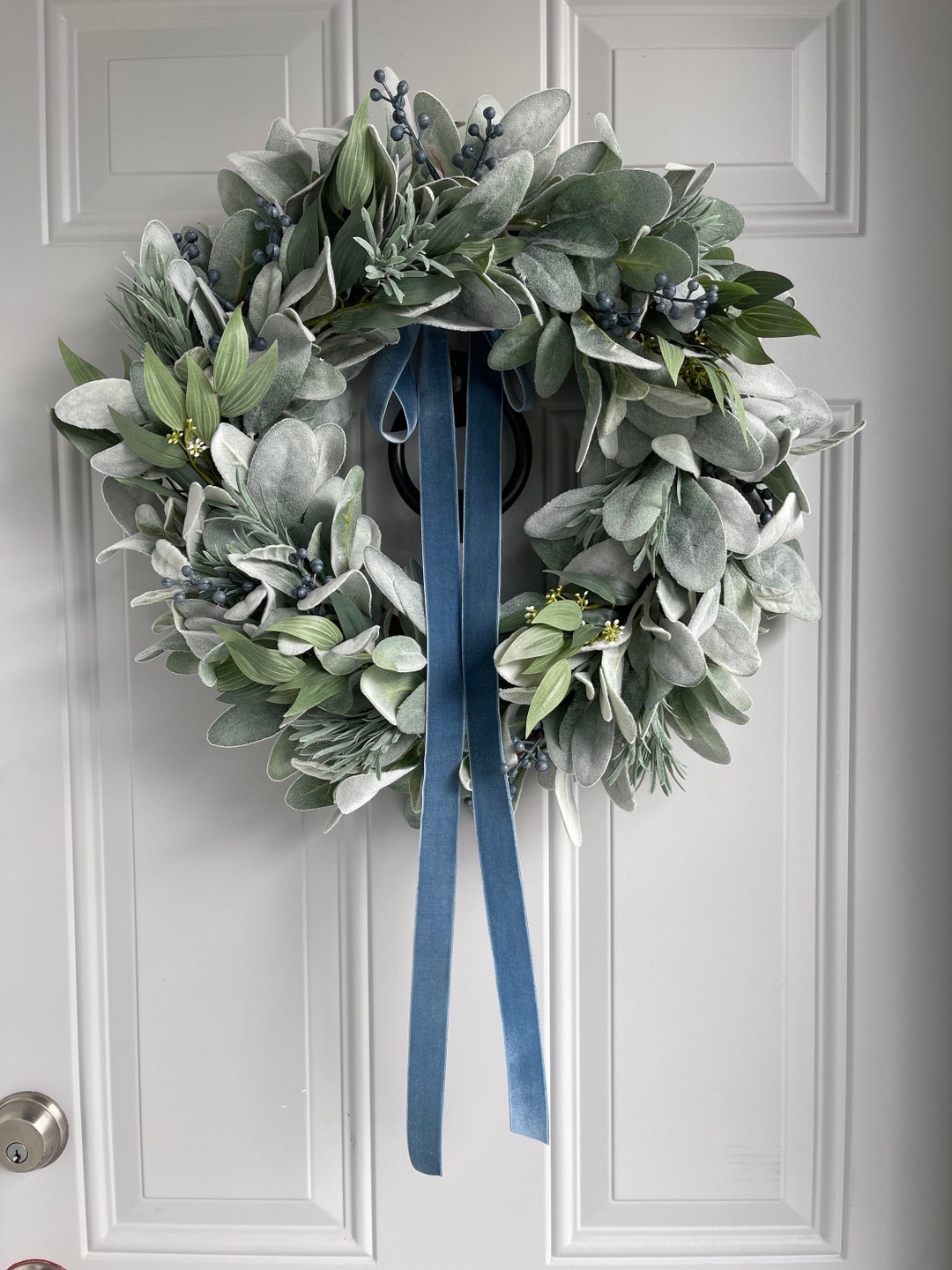 Lambs Ear and Eucalyptus Everyday Front Door Wreath With Blue Berries ...