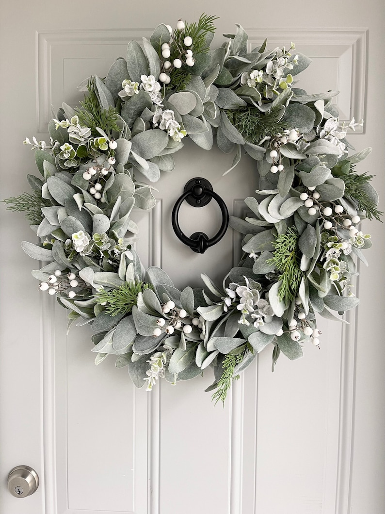 Lambs Ear and Snowy Eucalyptus Winter Wreath With Pine Cedar Evergreen ...