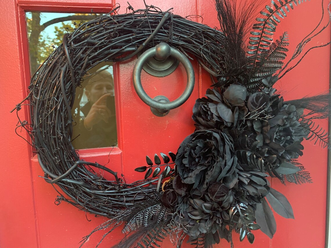Handmade All-black Beauty Wreath: Black Dahlias, Black Roses, Black ...