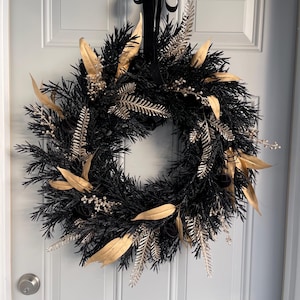 Black and Gold Christmas Wreath with Gold Eucalyptus and Berries; Chic Black Cedar Holiday Wreath; Black and Gold New Year&#39;s Wreath