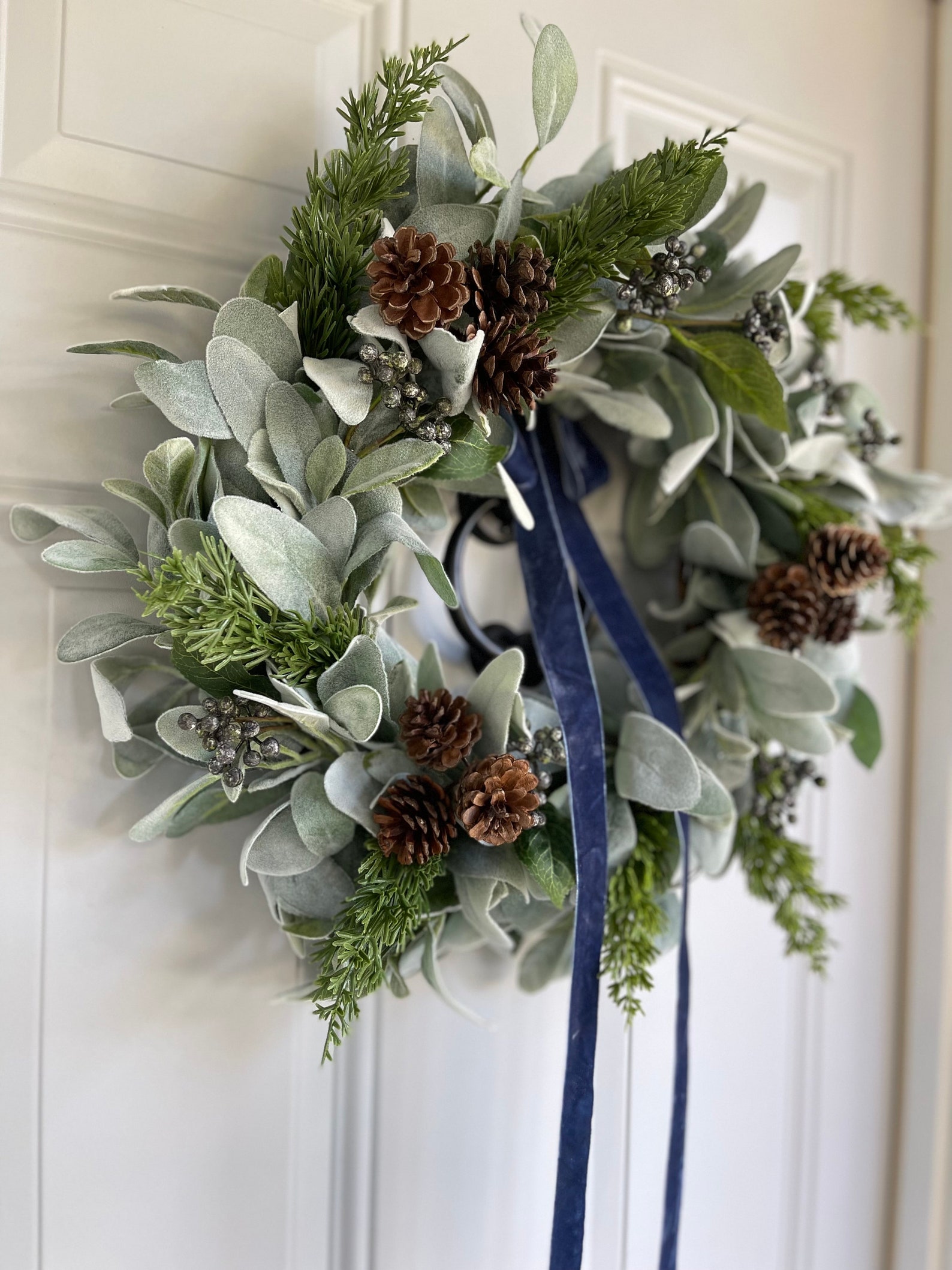Lambs Ear and Pine Winter Wreath Blue Berries Velvet Bow, Christmas ...