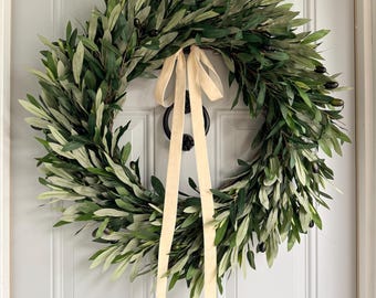 Year Round Olive Wreath, Olive Leaves Branch Wreath for Front Door, Every Day Greenery Wreath with Bow, Tuscan Wall Decor, Minimalist Decor