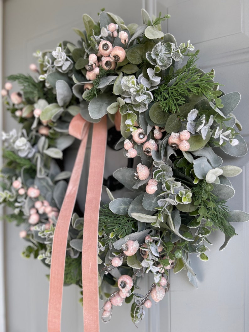 Lambs Ear and Pink Winter Wreath, Christmas Holiday Wreath With Frosted ...