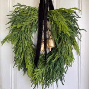 Norfolk Pine Winter Christmas Teardrop Wreath Rustic Gold Jingle Bells, Artificial Real Touch Evergreen Holiday Wreath Velvet Bow Front Door