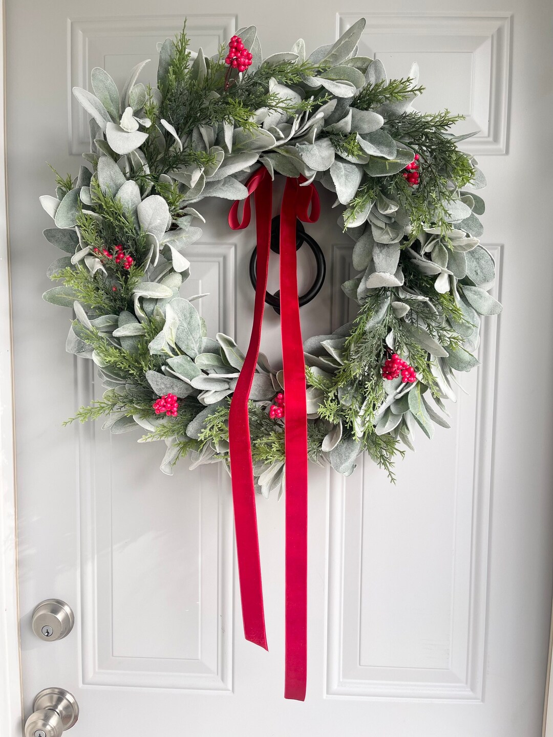 Lambs Ear and Cedar Winter Wreath, Red Berry Red Velvet Bow Christmas ...