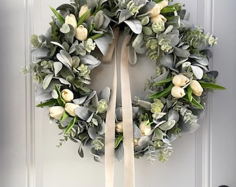 Spring Yellow Tulip and Lambs Ear Wreath for Front Door, Lambs Ear and Eucalyptus Easter Decor, Creamy Yellow Ribbon Bow, Mother's Day Gift