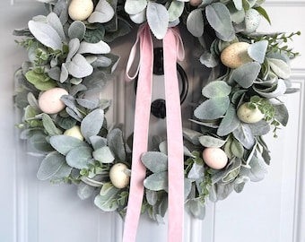 Easter Eggs and Lambs Ear Spring Wreath for Front Door, Pastel Easter Egg Wreath with Bow, Neutral Easter Wreath, Easter Wall Decor